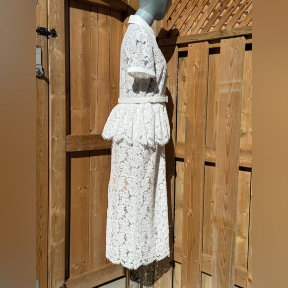 🆕 SELF-PORTRAIT 🧿 NWOT White Lace Peplum Belted Midi Dress, Sz UK 10 US 6 - Picture 10 of 16